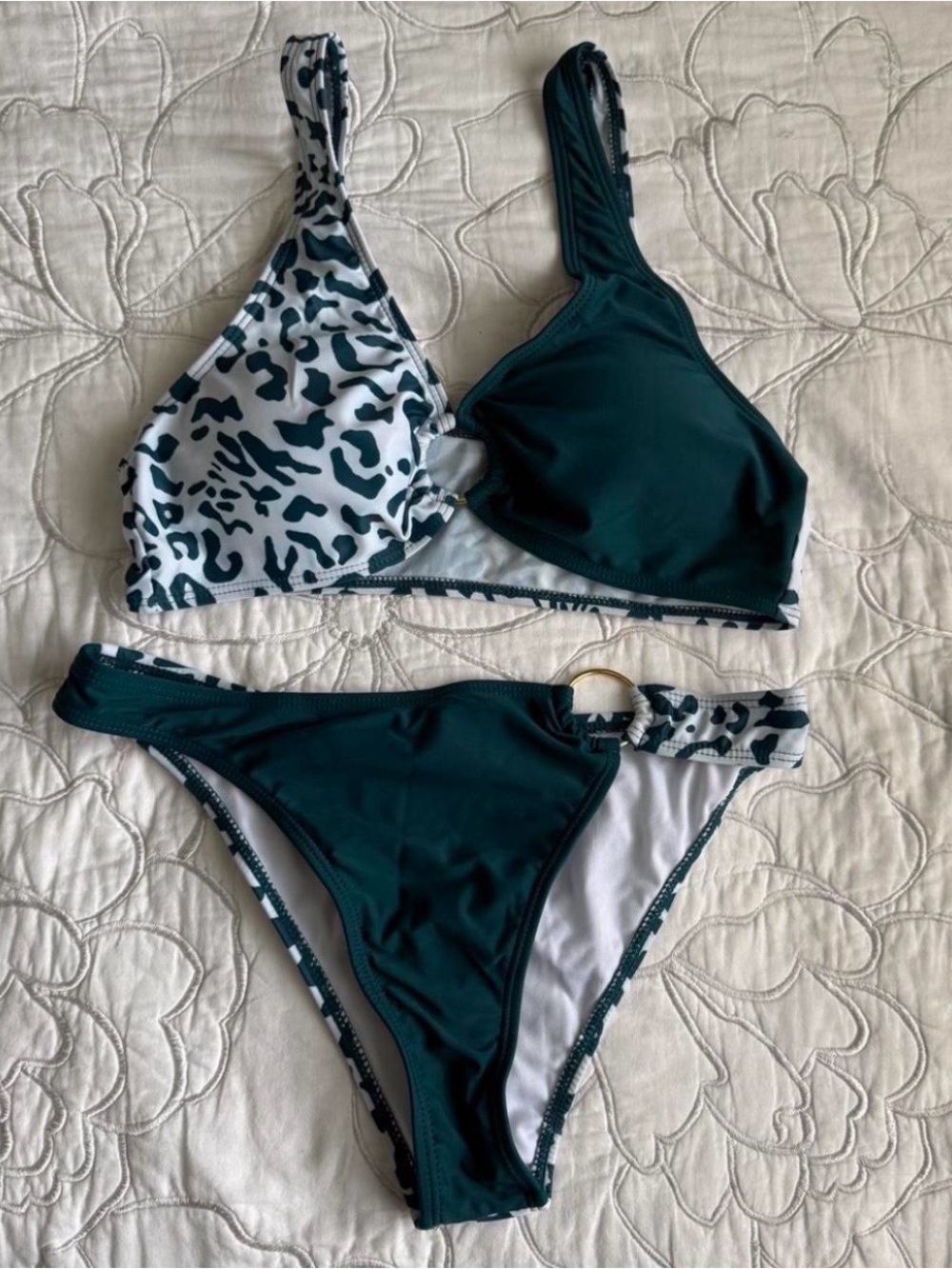 SHEIN Green and White Leopard Print Two-Piece Bikini Set